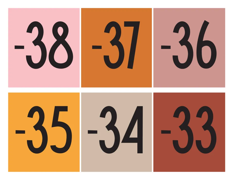 Negative number cards -38 through -33 in warm earth tones, cut apart and posted in sequence on the classroom number line