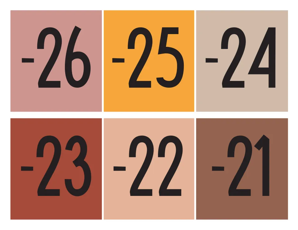 Negative number cards -26 through -21 in muted boho colors, cut apart to extend the number line toward -20