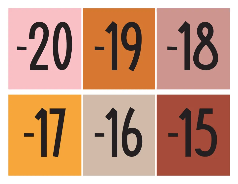 Negative number cards -20 through -15 in pink, orange, mauve, tan and rust, cut apart to post in order on the line