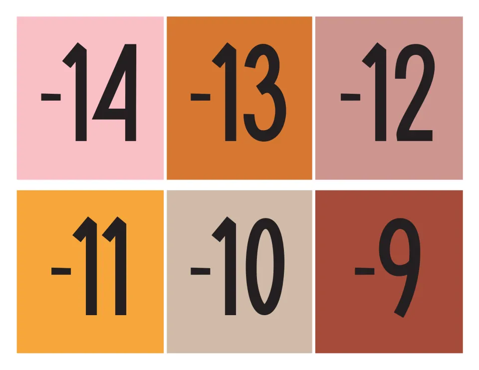 Negative number cards -14 through -9 in warm earth tones, cut apart to continue the number line in sequence toward zero