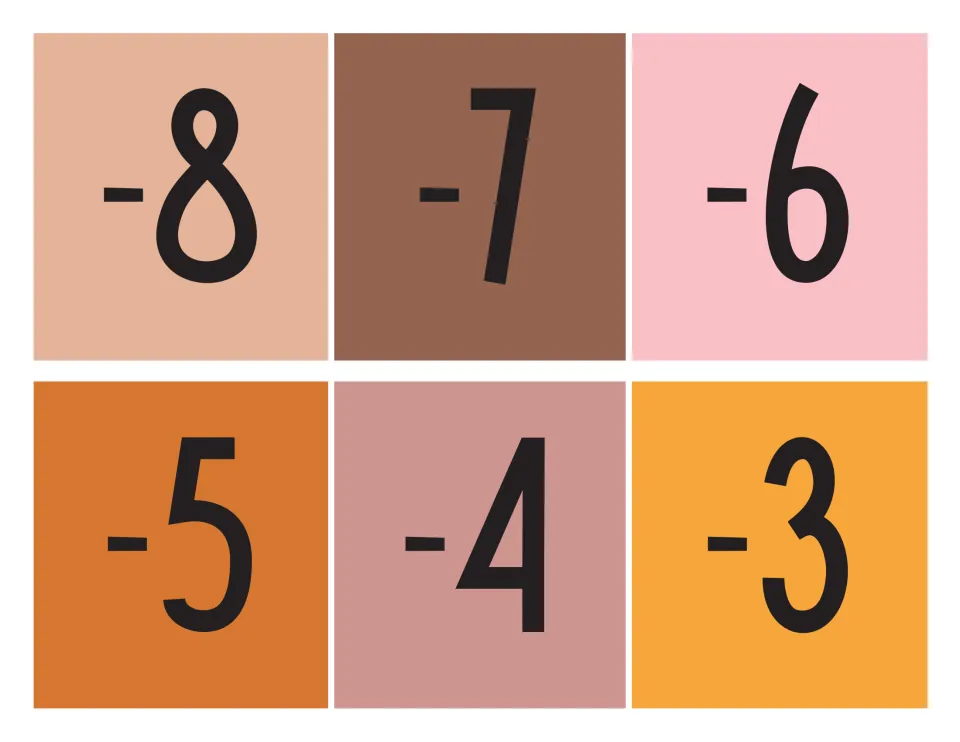 Negative number cards -8 through -3 in peach, brown, pink, orange and mauve, cut apart and placed just left of zero