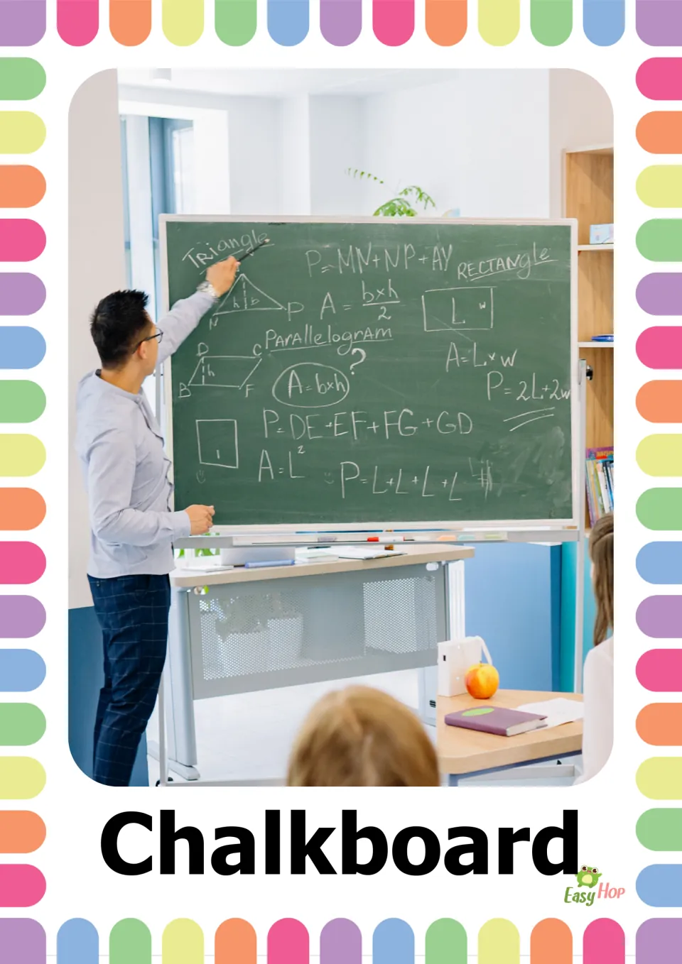 Chalkboard card: a photo of a teacher pointing at a green chalkboard covered in shape formulas, with the word Chalkboard
