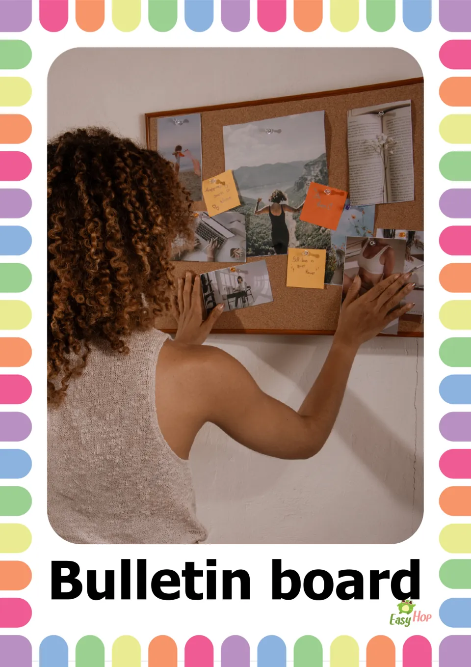 Bulletin board word card: a photo of a person pinning photos and sticky notes onto a cork board, labeled Bulletin board