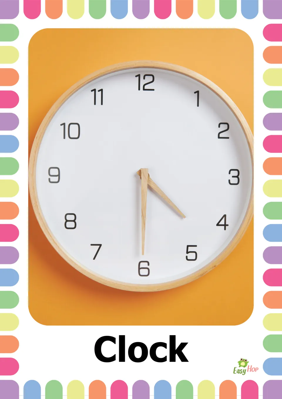 Clock naming card: a photo of a round wall clock with numbers 1 to 12 on an orange background, labeled with the word Clock
