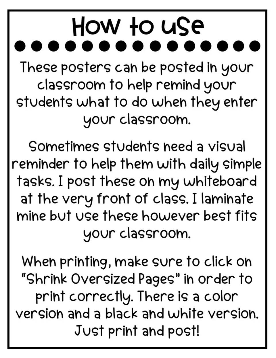 Poster use guide explains classroom display, optional lamination, printing settings, and color versions