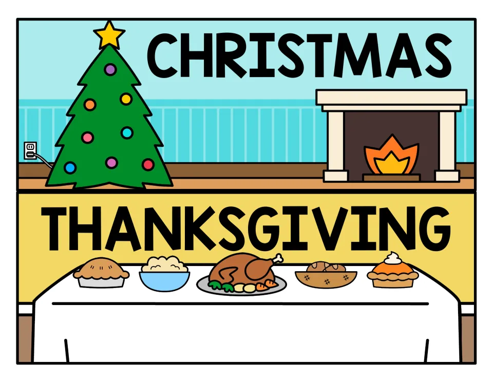 Christmas and Thanksgiving drawer labels: a decorated tree by a fireplace, and a turkey dinner table with pies and rolls