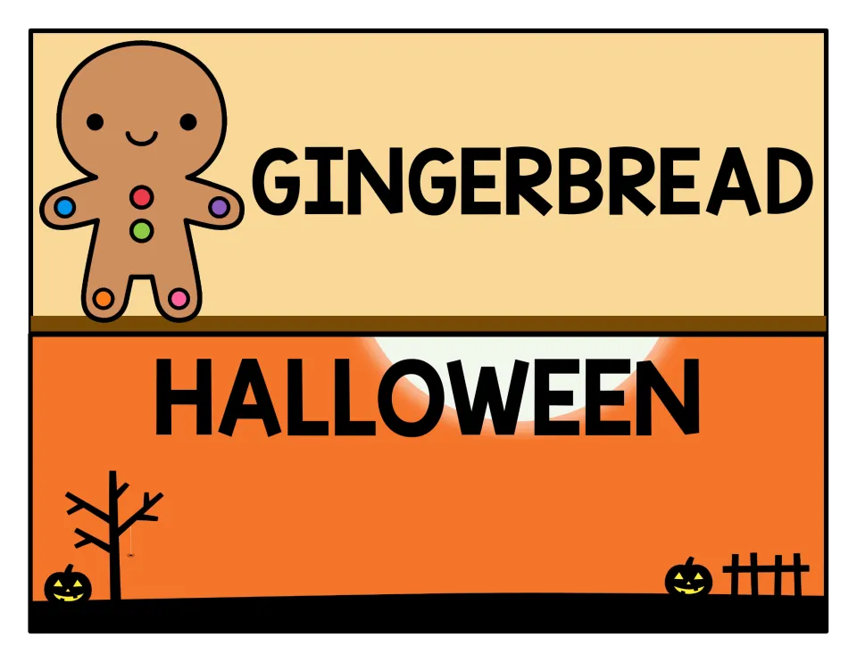 Gingerbread and Halloween drawer labels: a smiling gingerbread cookie, and jack-o'-lanterns by a bare tree on orange
