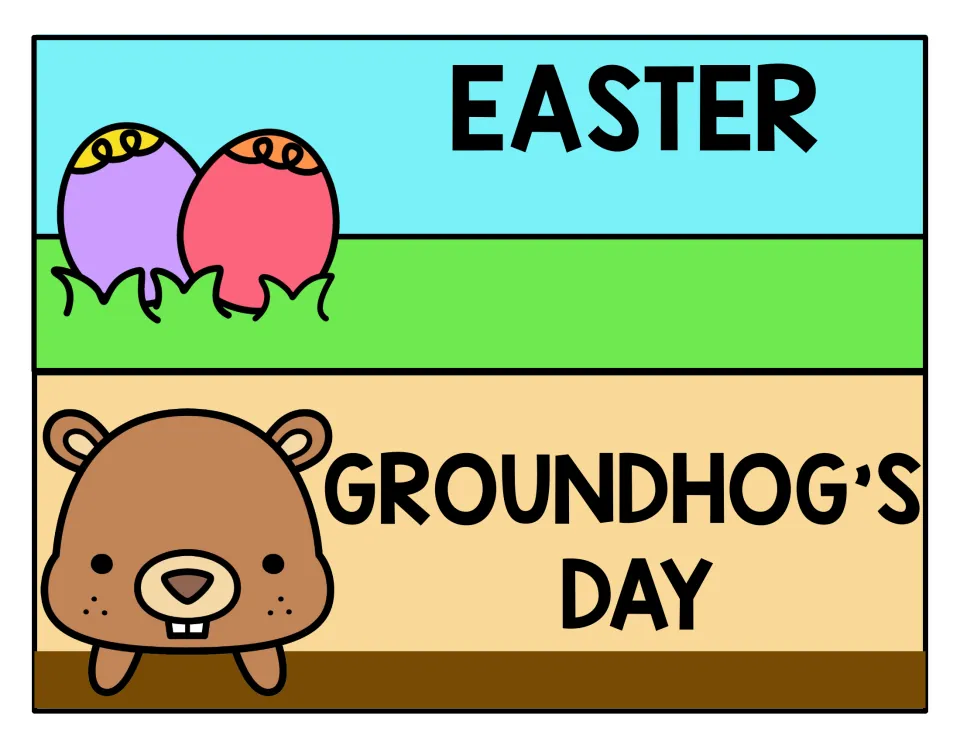 Easter and Groundhog's Day drawer labels: two decorated eggs in grass, and a groundhog peeking out of its burrow