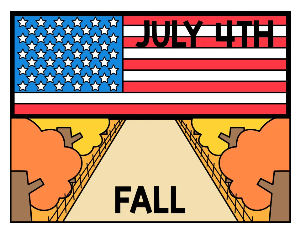 July 4th and Fall drawer labels: an American flag with the holiday name, and a path lined with orange autumn trees