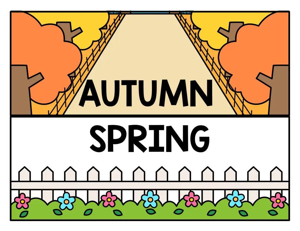 Autumn and Spring drawer labels: a leafy orange-tree path, and a white picket fence with pink and blue flowers