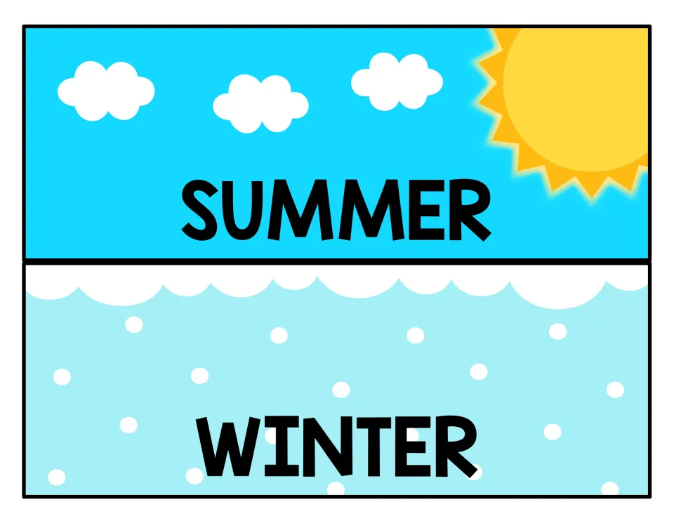 Summer and Winter drawer labels: a bright sun with clouds on blue, and falling snow under a snowy cloud edge