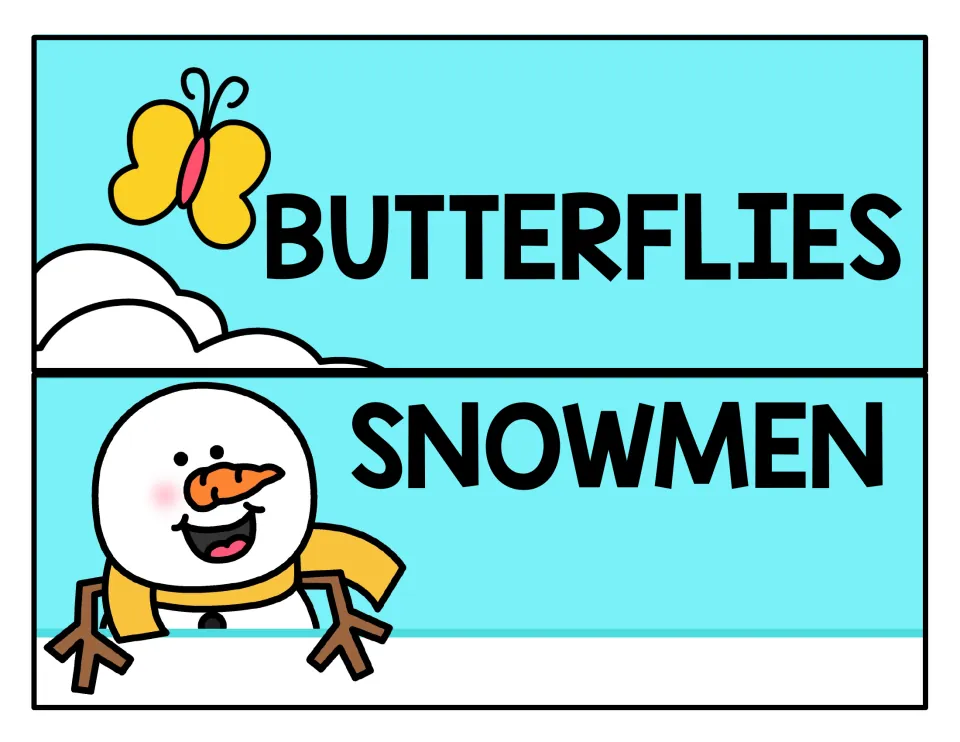 Butterflies and Snowmen drawer labels: a yellow butterfly above clouds, and a grinning snowman with a gold scarf