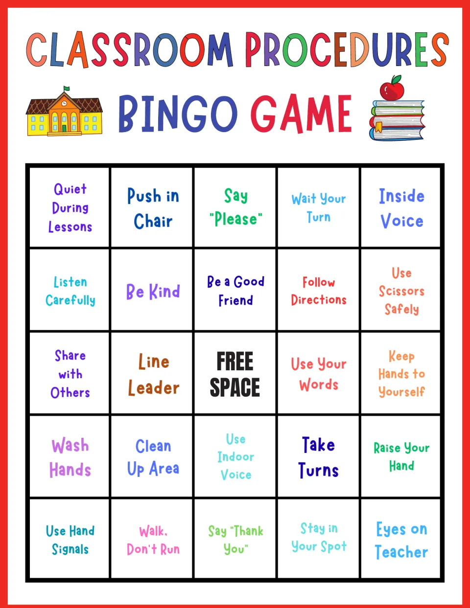 Classroom routines bingo, card 1: students mark Quiet During Lessons, Be Kind, Line Leader and Eyes on Teacher