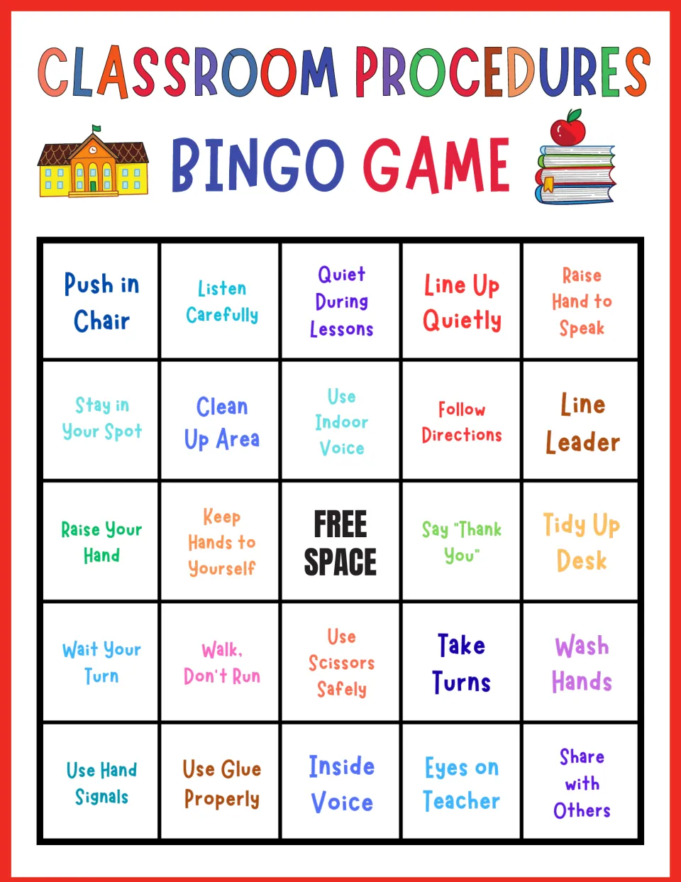 Classroom routines bingo, card 2: players cover Line Up Quietly, Tidy Up Desk, Use Glue Properly and Wash Hands