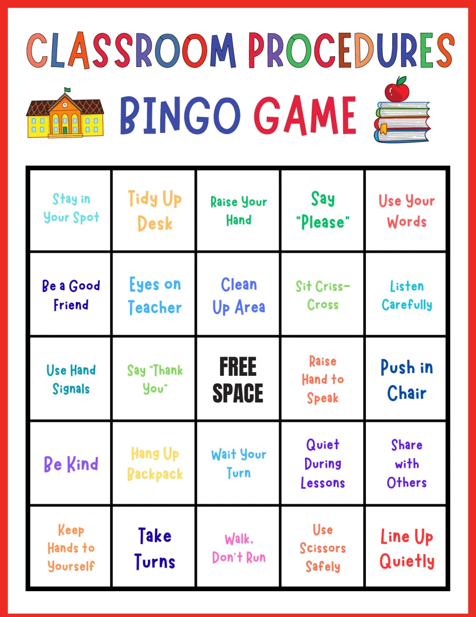 Classroom routines bingo, card 3: students mark Sit Criss-Cross, Hang Up Backpack, Tidy Up Desk and Be Kind