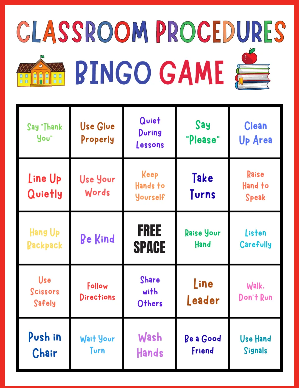 Classroom routines bingo, card 4: players mark Use Glue Properly, Say Thank You, Hang Up Backpack and Line Leader