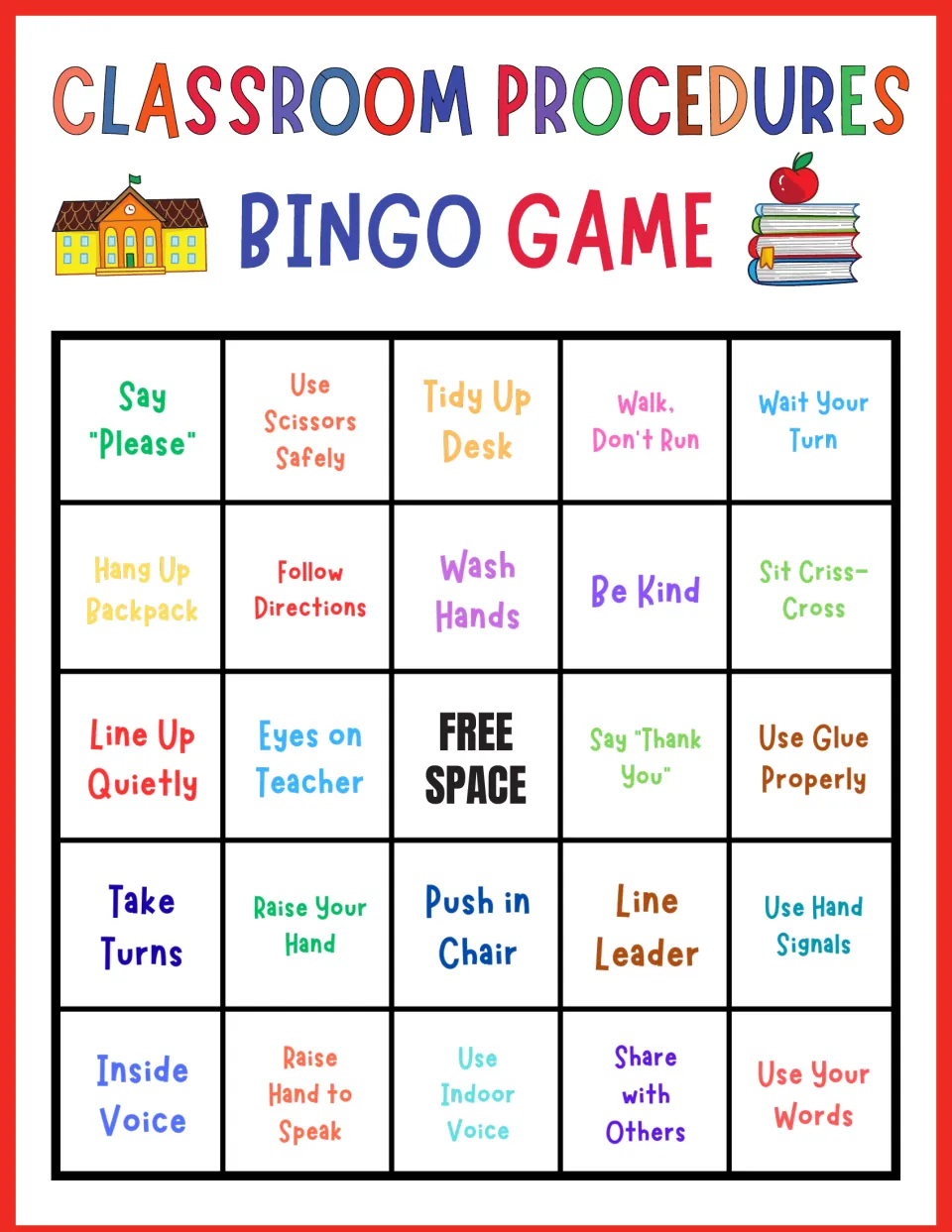 Classroom routines bingo, card 5: students cover Say Please, Tidy Up Desk, Sit Criss-Cross and Use Your Words