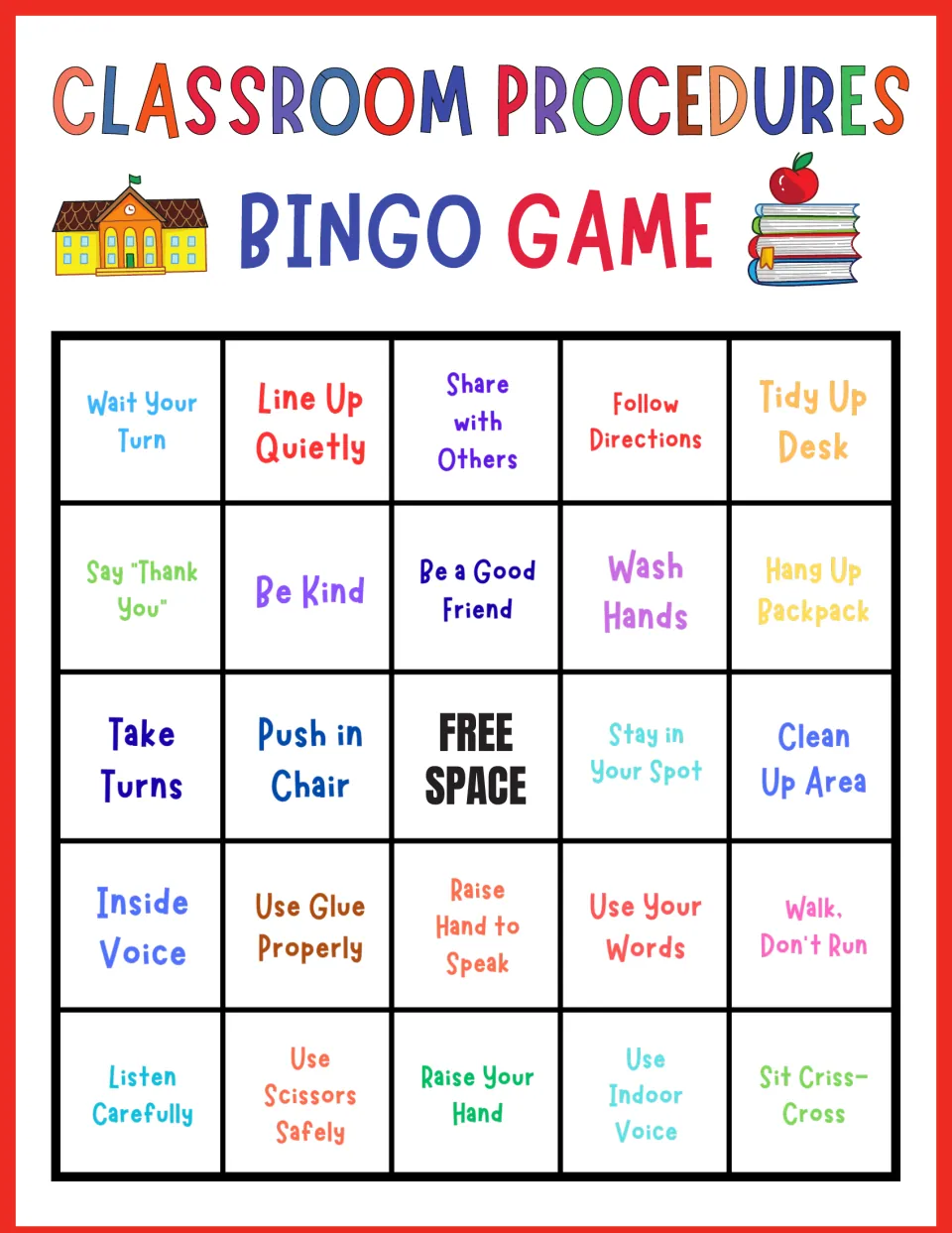 Classroom routines bingo, card 8: players listen for Wait Your Turn, Line Up Quietly, Tidy Up Desk and Sit Criss-Cross