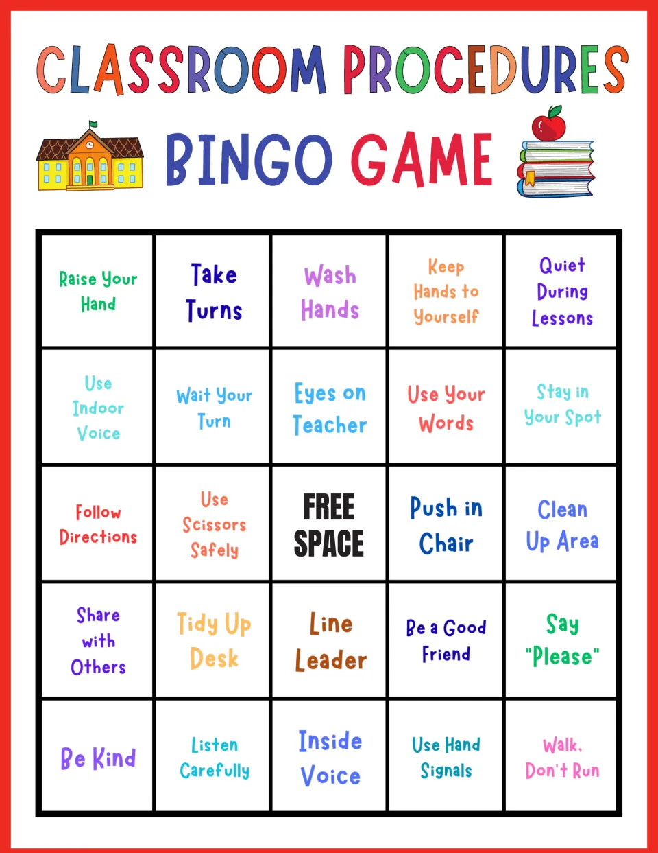 Classroom routines bingo, card 9: students mark Raise Your Hand, Keep Hands to Yourself, Say Please and Be Kind