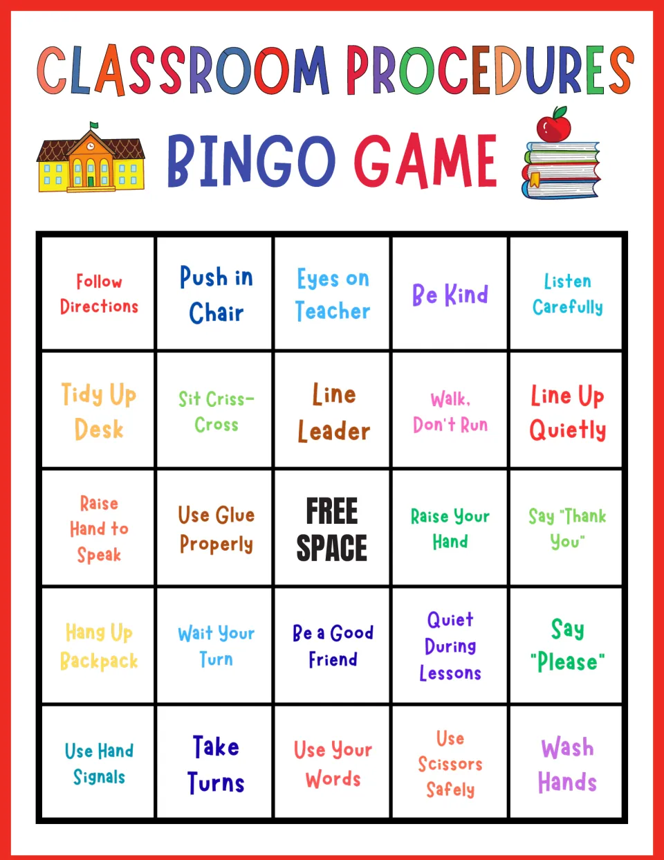 Classroom routines bingo, card 10: players mark Follow Directions, Raise Hand to Speak, Use Glue Properly and Wash Hands