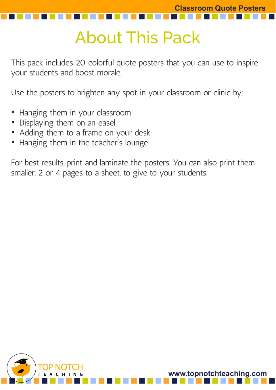 About This Pack: ways to display the 20 quote posters, plus tips to laminate or print 2 or 4 pages to a sheet