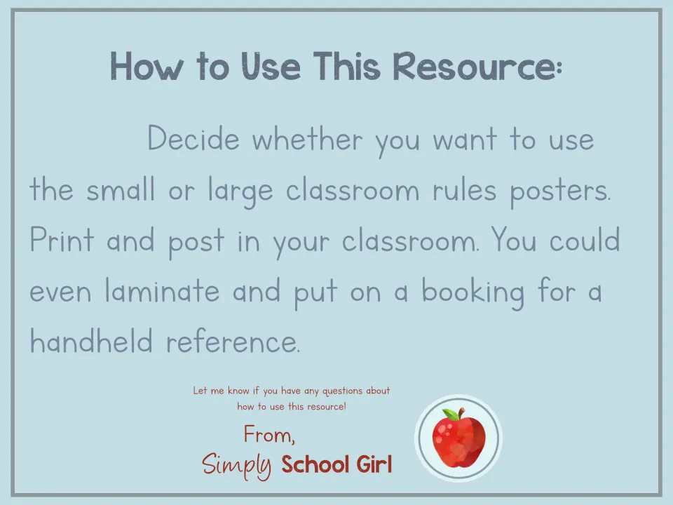 How to Use This Resource: choose small or large rule posters, print and post, or laminate for a handheld reference