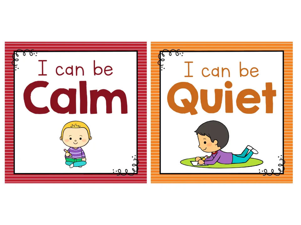 Small behavior posters I can be Calm and I can be Quiet, showing a child sitting with a book and a boy drawing on a rug