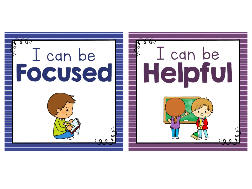 Small behavior posters I can be Focused, a boy writing in a notebook, and I can be Helpful, kids cleaning a chalkboard