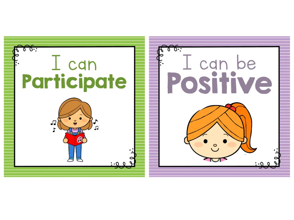 Small behavior posters I can Participate, a girl singing from a songbook, and I can be Positive, a smiling girl's face