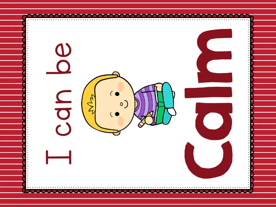 Large full-page poster I can be Calm showing a blond child in a striped shirt sitting cross-legged with a pencil and book