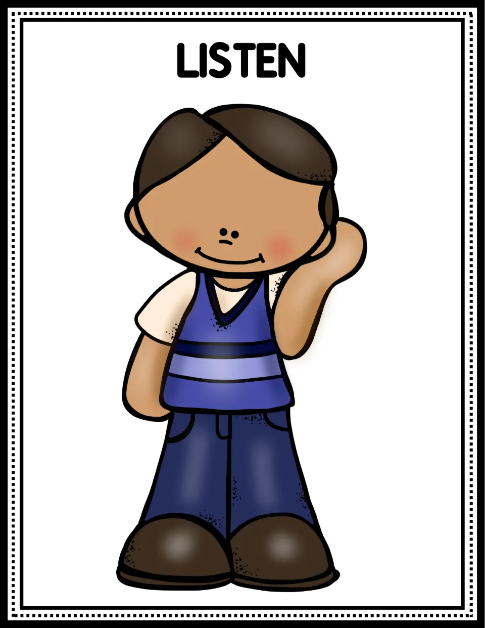 Classroom rule poster reading 'Listen,' illustrated by a child holding one hand beside an ear