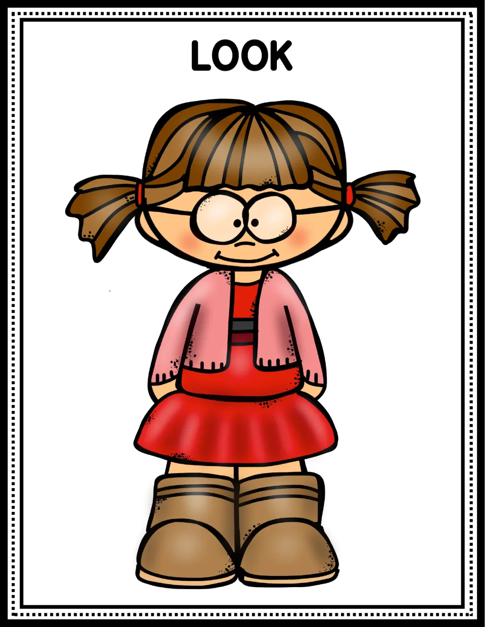 Classroom rule poster reading 'Look,' illustrated by a child wearing glasses and looking to the side