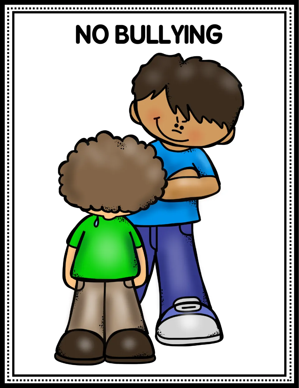 Classroom rule poster reading 'No Bullying,' showing a crying child beside a taller child with folded arms