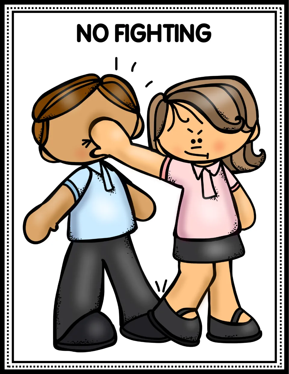 Classroom rule poster reading 'No Fighting,' illustrated by one child striking another child's face