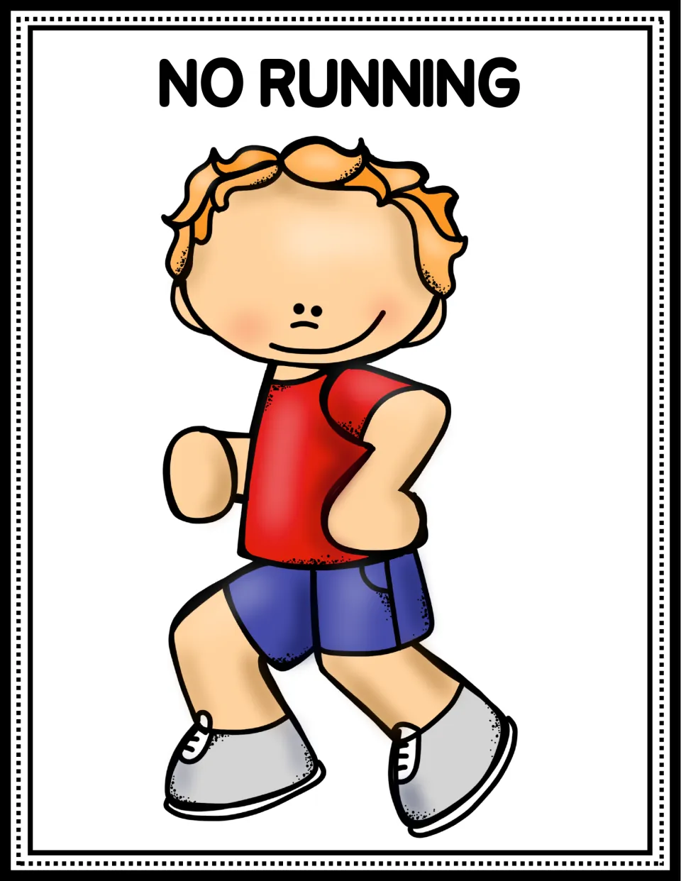 Classroom rule poster reading 'No Running,' illustrated by a child running with bent arms and a raised foot