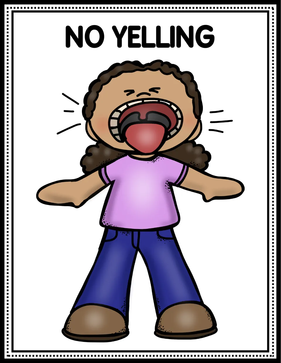 Classroom rule poster reading 'No Yelling,' showing a child with an open mouth and arms spread outward