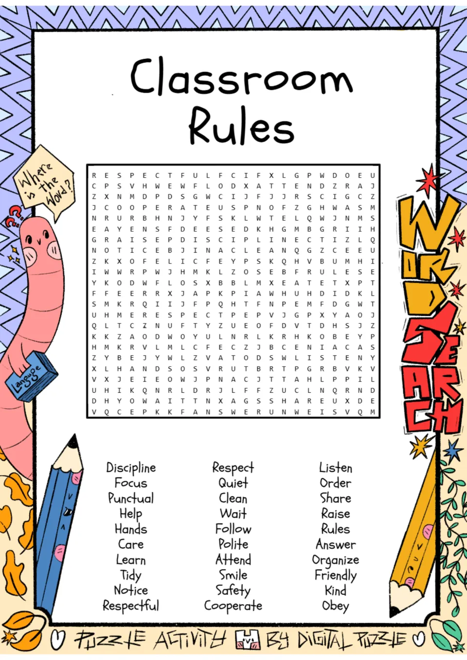 Classroom rules word search: students find 30 words such as respect, listen, focus, punctual and cooperate in the grid