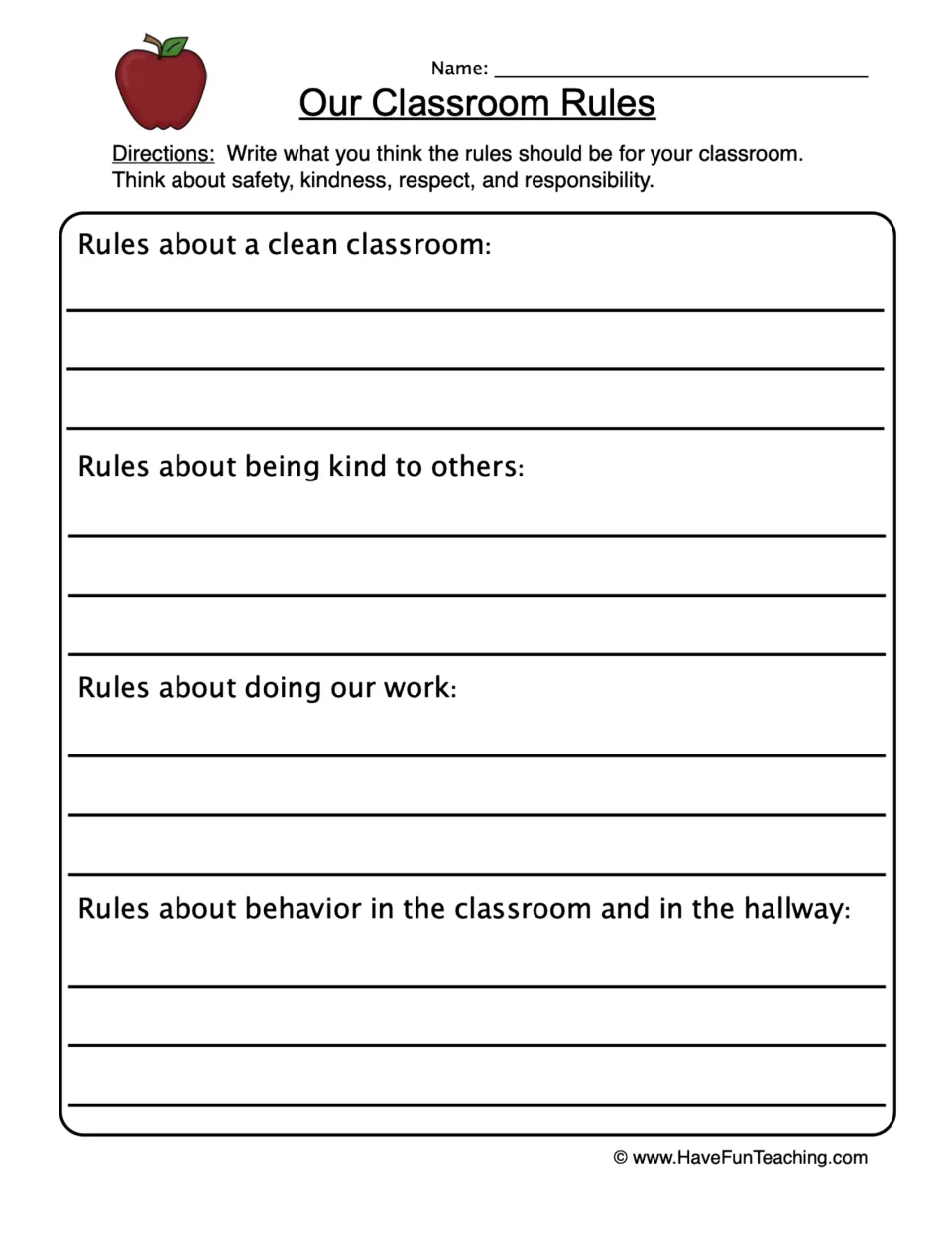 Our Classroom Rules: students write rules for a clean room, kindness, doing work, and classroom and hallway behavior
