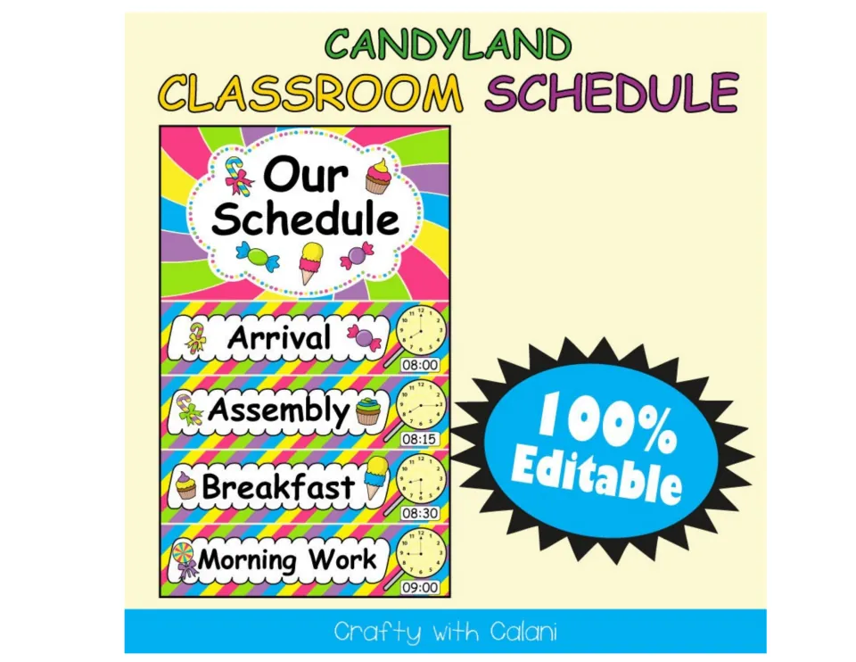 Classroom schedule set cover showing the header and sample Arrival, Assembly, Breakfast, and Morning Work cards