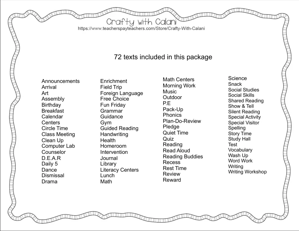 Schedule label reference lists 72 included texts, such as Announcements, Arrival, Math, and Writing Workshop