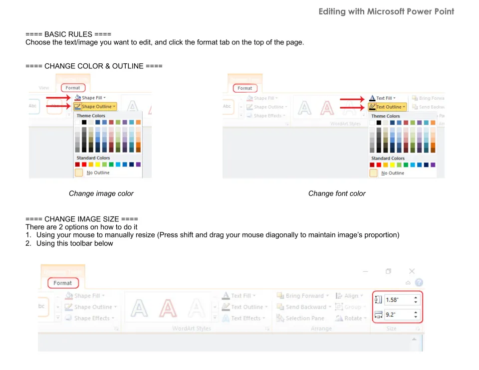 PowerPoint editing instructions for the schedule set explain changing image and font colors and resizing images