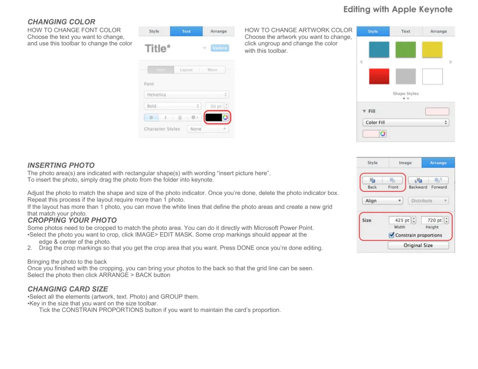 Keynote editing guide covers font and artwork colors, inserting and cropping photos, and changing card size