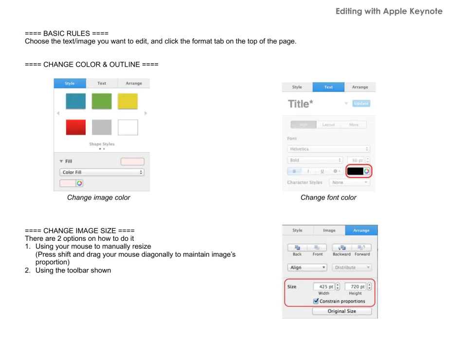 Keynote editing instructions for the schedule set show image and font color controls and image resizing options