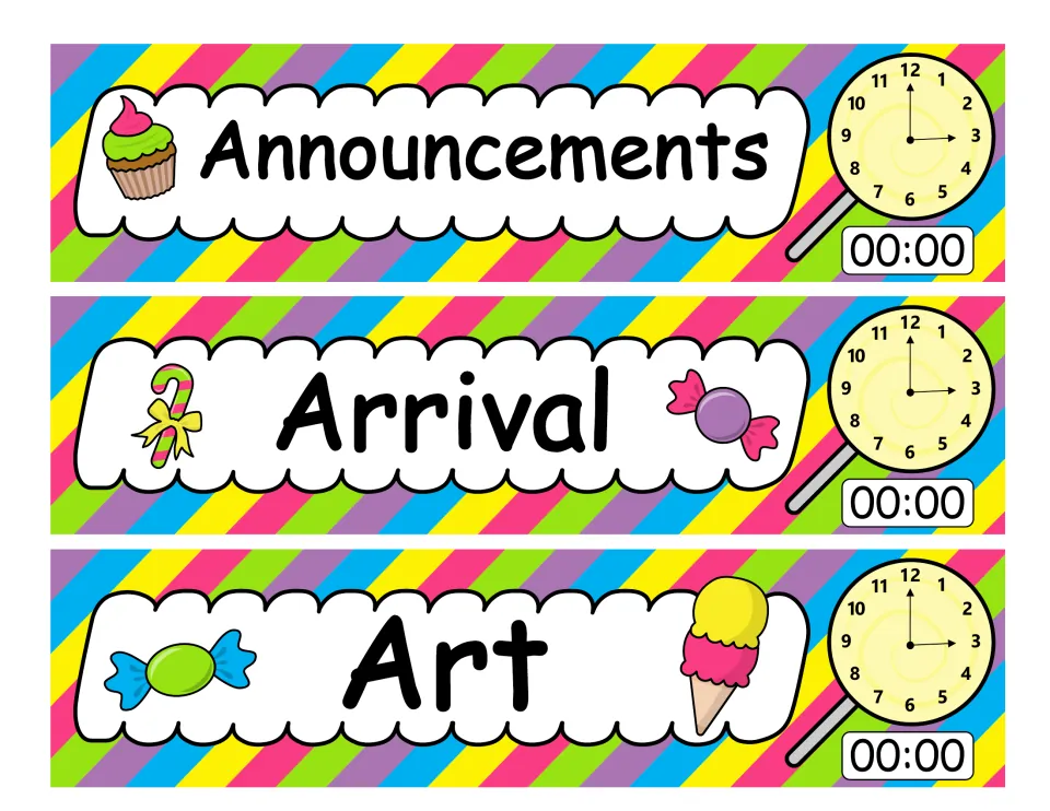 Schedule cards 1–3: Announcements, Arrival, and Art, each with an analog clock and a digital time reading 00:00