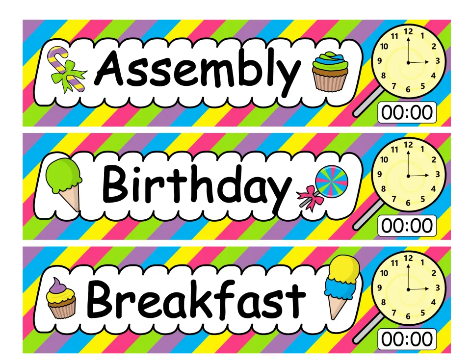 Schedule cards 4–6: Assembly, Birthday, and Breakfast, each with an analog clock and a digital time reading 00:00