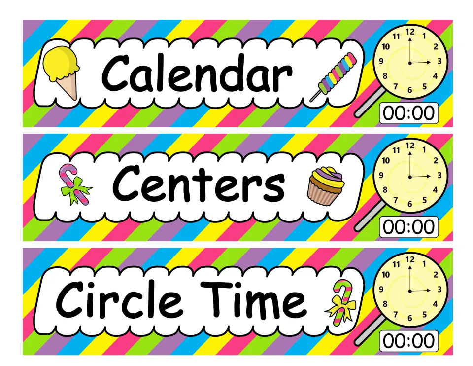 Schedule cards 7–9: Calendar, Centers, and Circle Time, each with an analog clock and a digital time reading 00:00