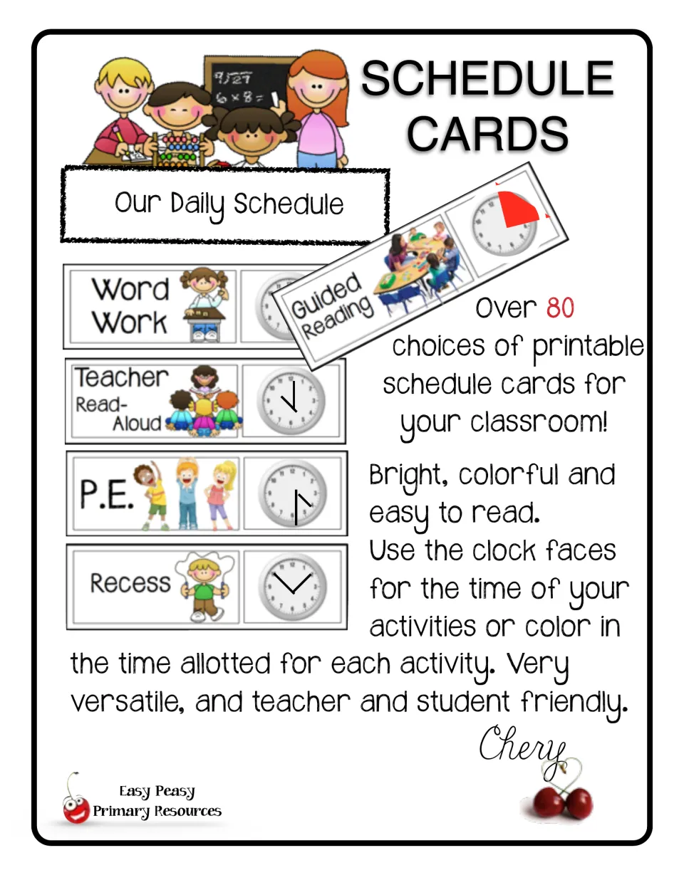 Schedule Cards cover: Word Work, Read-Aloud, P.E. and Recess samples with clock faces, noting over 80 printable choices