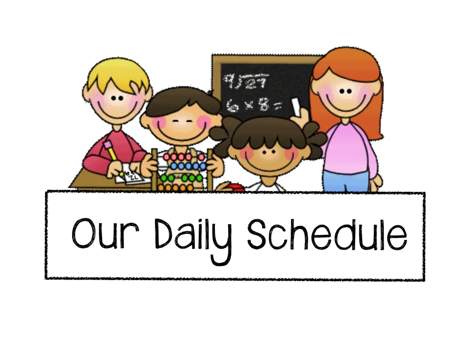 Our Daily Schedule header card showing children at a chalkboard, one writing and one using an abacus