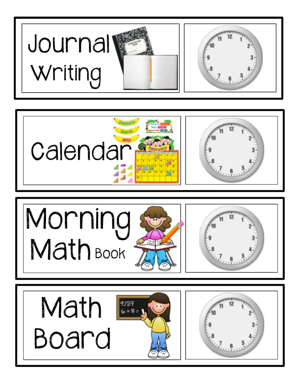 Daily routine cards for Journal Writing, Calendar, Morning Math Book and Math Board, each beside a blank clock face