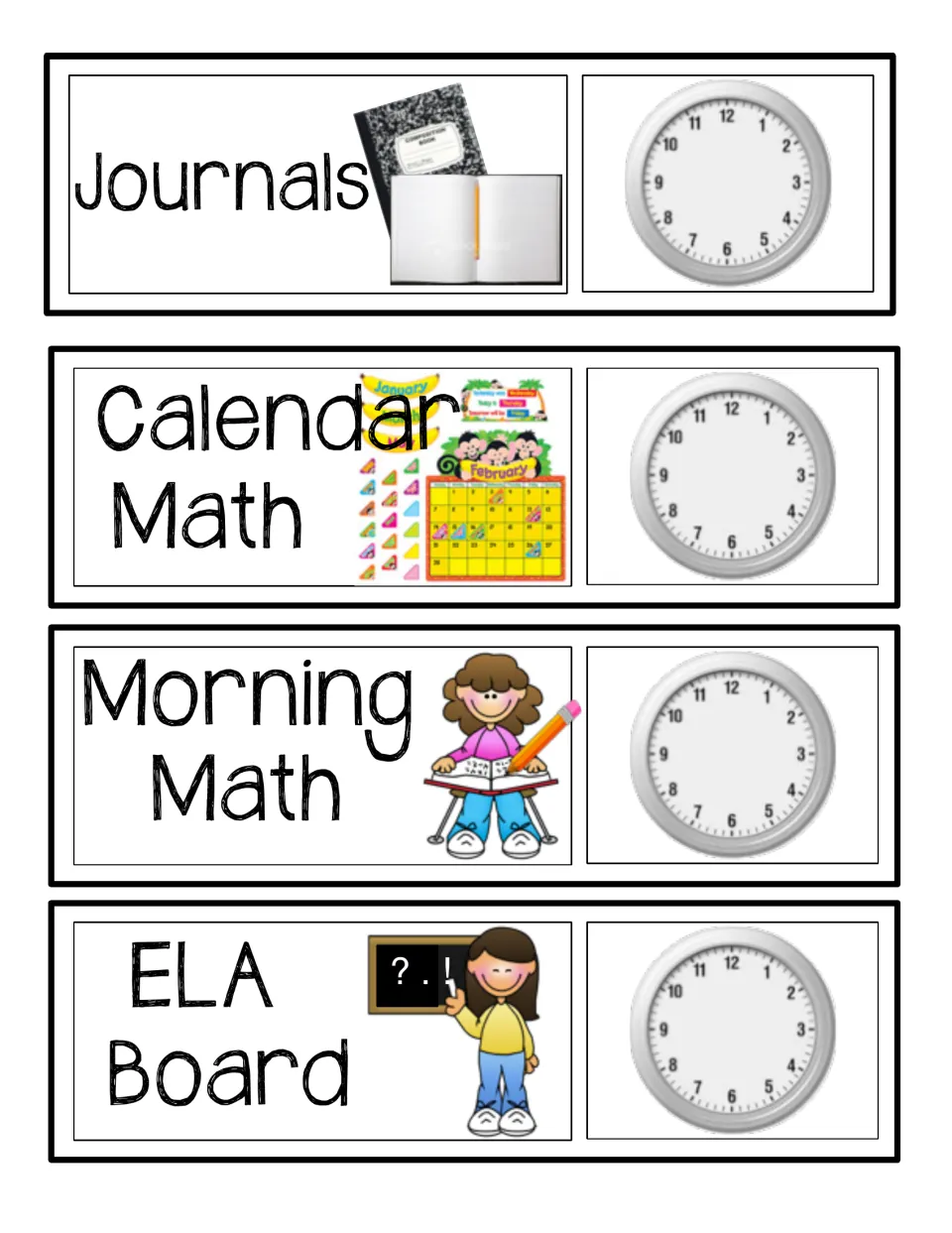 Activity cards for Journals, Calendar Math, Morning Math and ELA Board, each paired with an empty clock for the start time